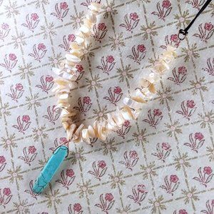 Turquoise & Beige Mother of Pearl Leather Necklace